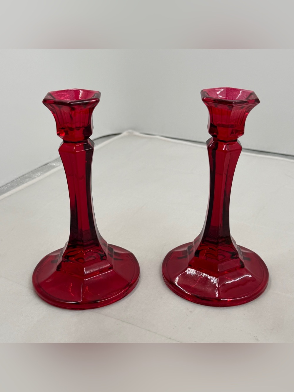 Vintage Indiana Red Glass Candlestick Holders - Pair - Picture 2 of 6